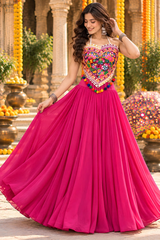 Lovely Rani Pink Georgette Mirror Work Indo Western Lehenga Choli for Women