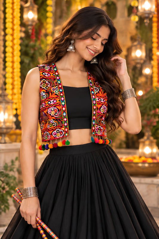 Stylish Black Georgette Designer Indo Western Lehenga Choli with Embroidered Jacket for Women