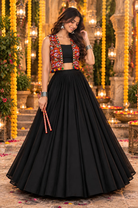 Stylish Black Georgette Designer Indo Western Lehenga Choli with Embroidered Jacket for Women