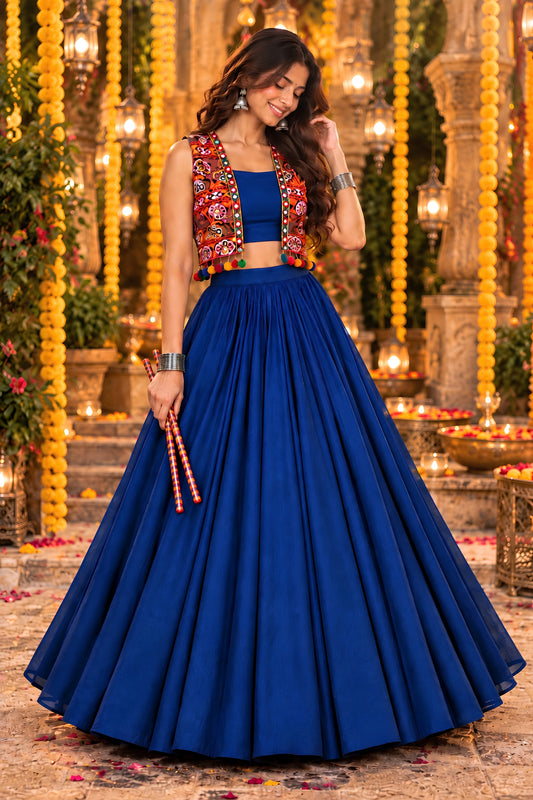 Fabulous Royal Blue Georgette Designer Indo Western Lehenga Choli with Embroidered Jacket for Women