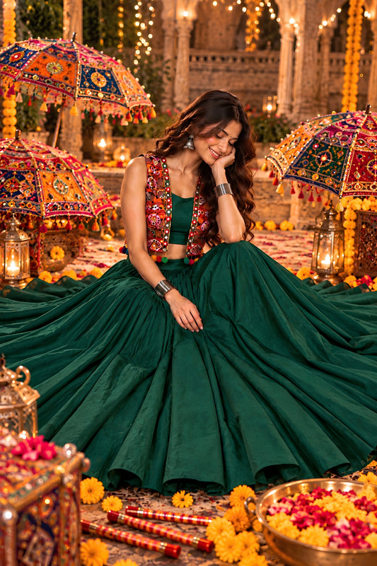 Trendy Dark Green Georgette Designer Indo Western Lehenga Choli with Embroidered Jacket for Women