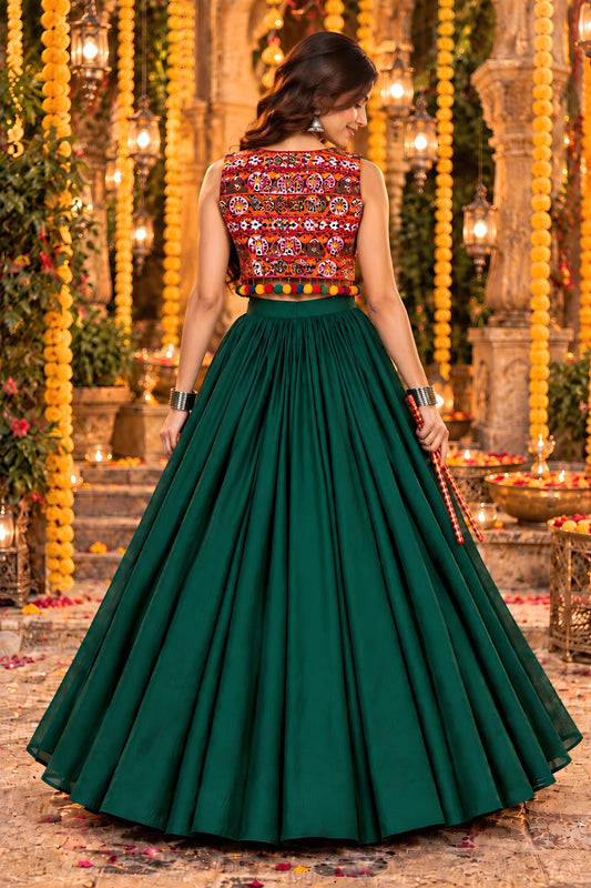 Trendy Dark Green Georgette Designer Indo Western Lehenga Choli with Embroidered Jacket for Women