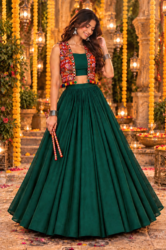 Trendy Dark Green Georgette Designer Indo Western Lehenga Choli with Embroidered Jacket for Women