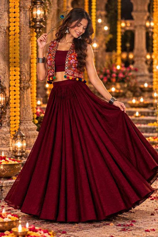 Beautiful Maroon Georgette Designer Indo Western Lehenga Choli with Embroidered Jacket for Women