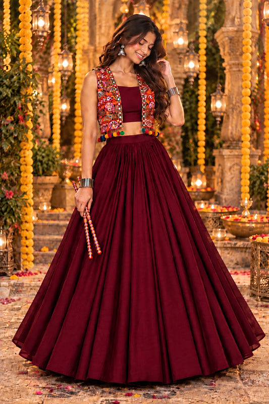 Beautiful Maroon Georgette Designer Indo Western Lehenga Choli with Embroidered Jacket for Women
