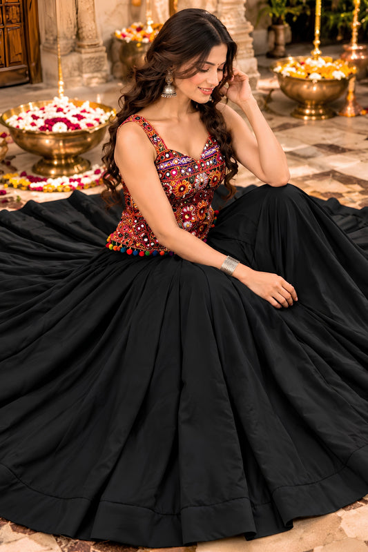 Elegant Black Georgette Embroidered Mirror Work Indo Western Lehenga Choli for Women