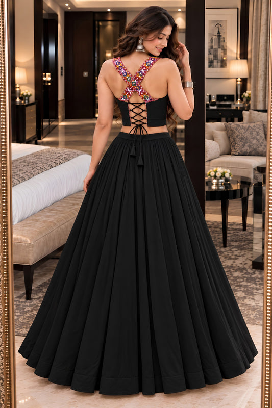 Elegant Black Georgette Embroidered Mirror Work Indo Western Lehenga Choli for Women