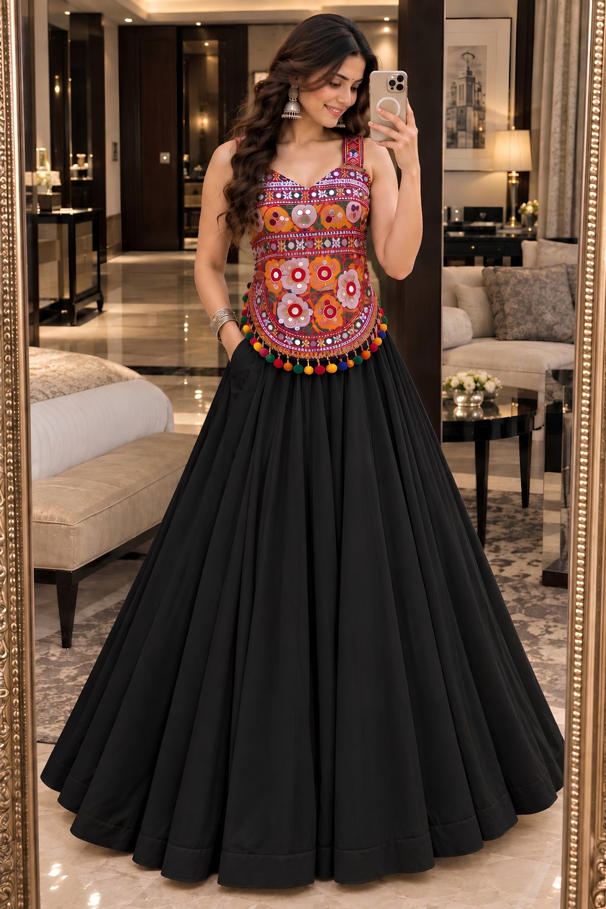 Elegant Black Georgette Embroidered Mirror Work Indo Western Lehenga Choli for Women