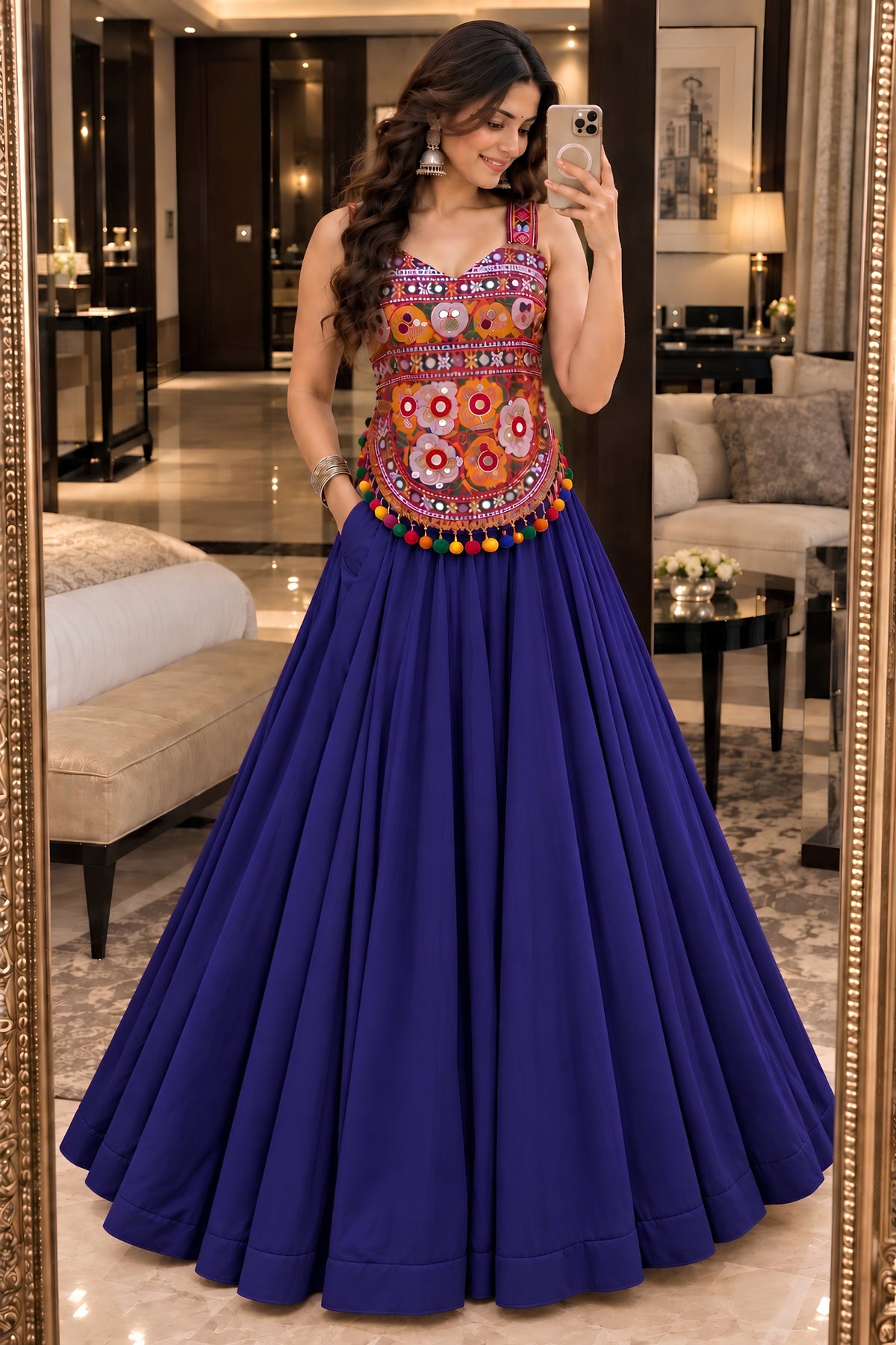 Gorgeous Royal Blue Georgette Embroidered Mirror Work Indo Western Lehenga Choli for Women