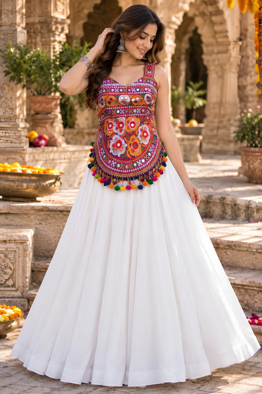 Charming White Georgette Embroidered Mirror Work Indo Western Lehenga Choli for Women