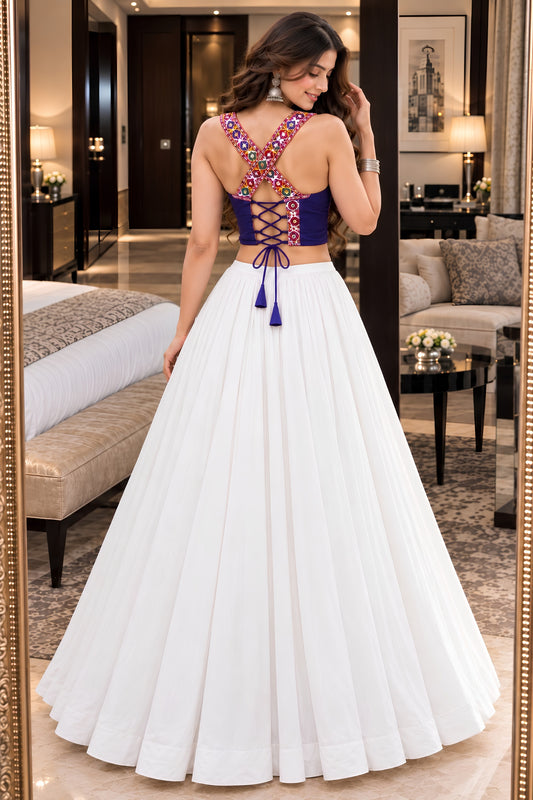 Charming White Georgette Embroidered Mirror Work Indo Western Lehenga Choli for Women