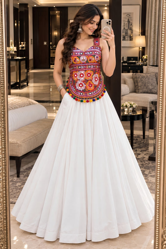 Charming White Georgette Embroidered Mirror Work Indo Western Lehenga Choli for Women