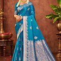 Elegant Teal Blue Satin Silk Woven Saree Work for Women