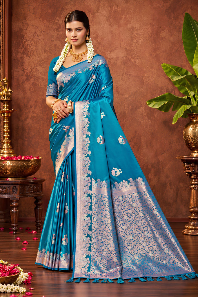 Elegant Teal Blue Satin Silk Woven Saree Work for Women