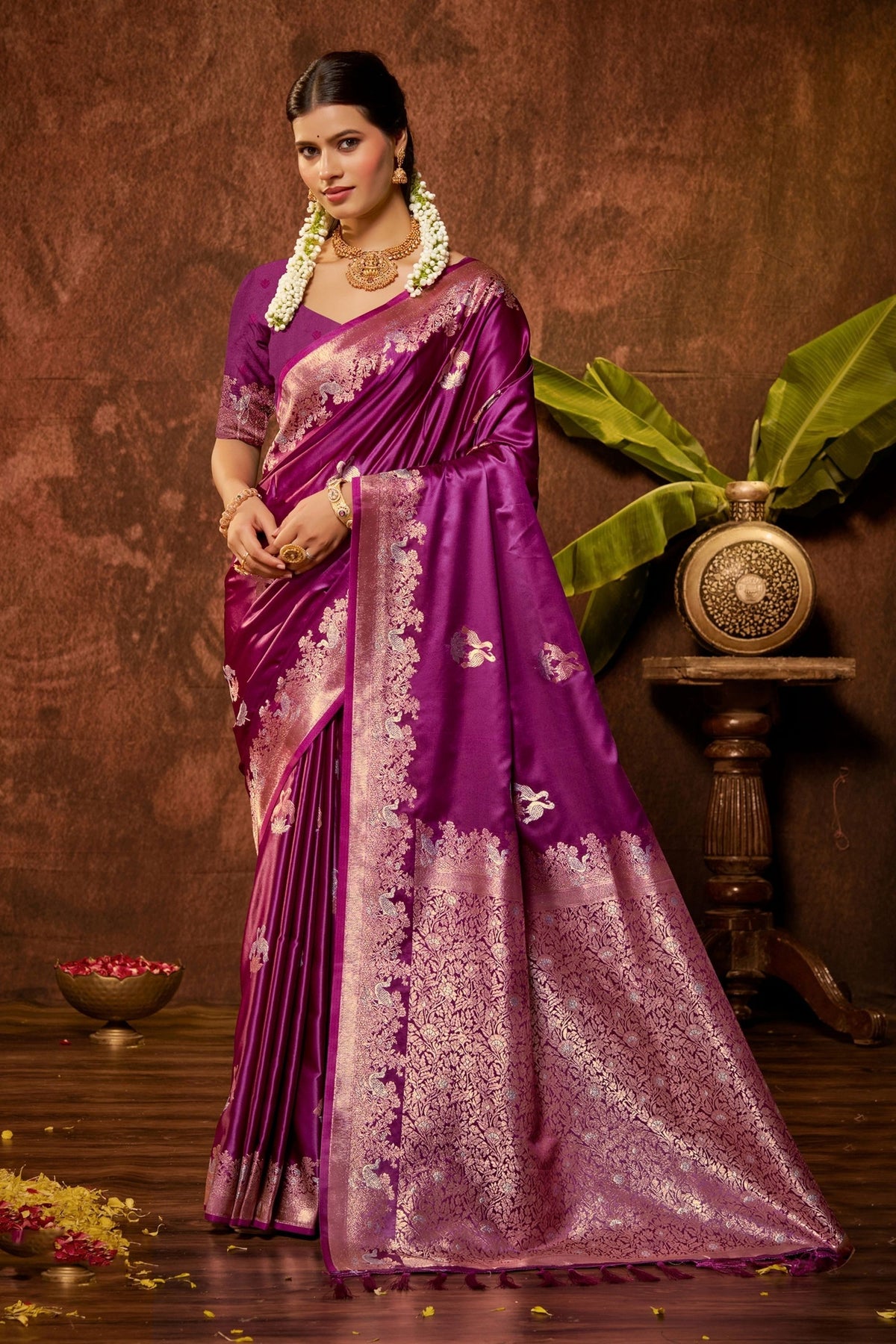 Lovely Magenta Satin Silk Woven Saree Work for Women