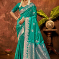 Grateful Teal Green Satin Silk Woven Saree Work for Women