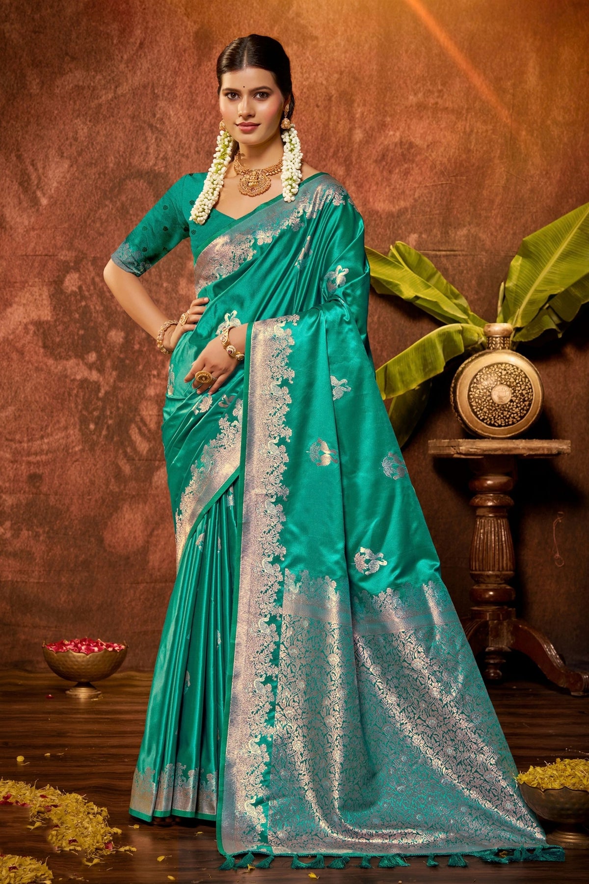 Grateful Teal Green Satin Silk Woven Saree Work for Women
