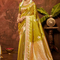 Stylish Mustard Yellow Satin Silk Woven Saree Work for Women