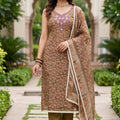 Elegant Brown Shimmer Linen Printed Salwar Suit with Hand Work and Dupatta 