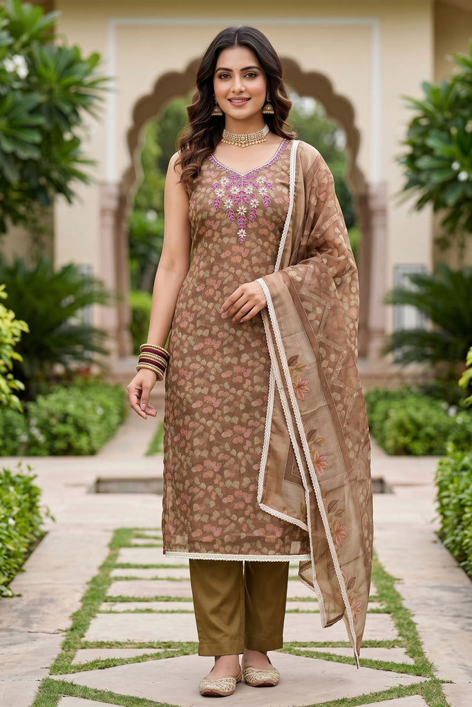 Elegant Brown Shimmer Linen Printed Salwar Suit with Hand Work and Dupatta 