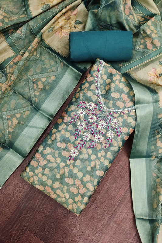 Graceful Teal Green Shimmer Linen Printed Salwar Suit with Hand Work and Dupatta