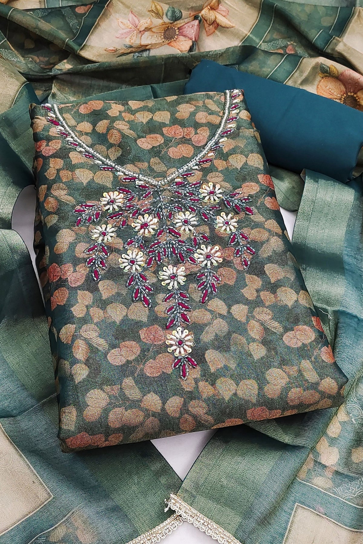 Graceful Teal Green Shimmer Linen Printed Salwar Suit with Hand Work and Dupatta