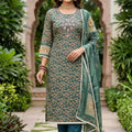Graceful Teal Green Shimmer Linen Printed Salwar Suit with Hand Work and Dupatta