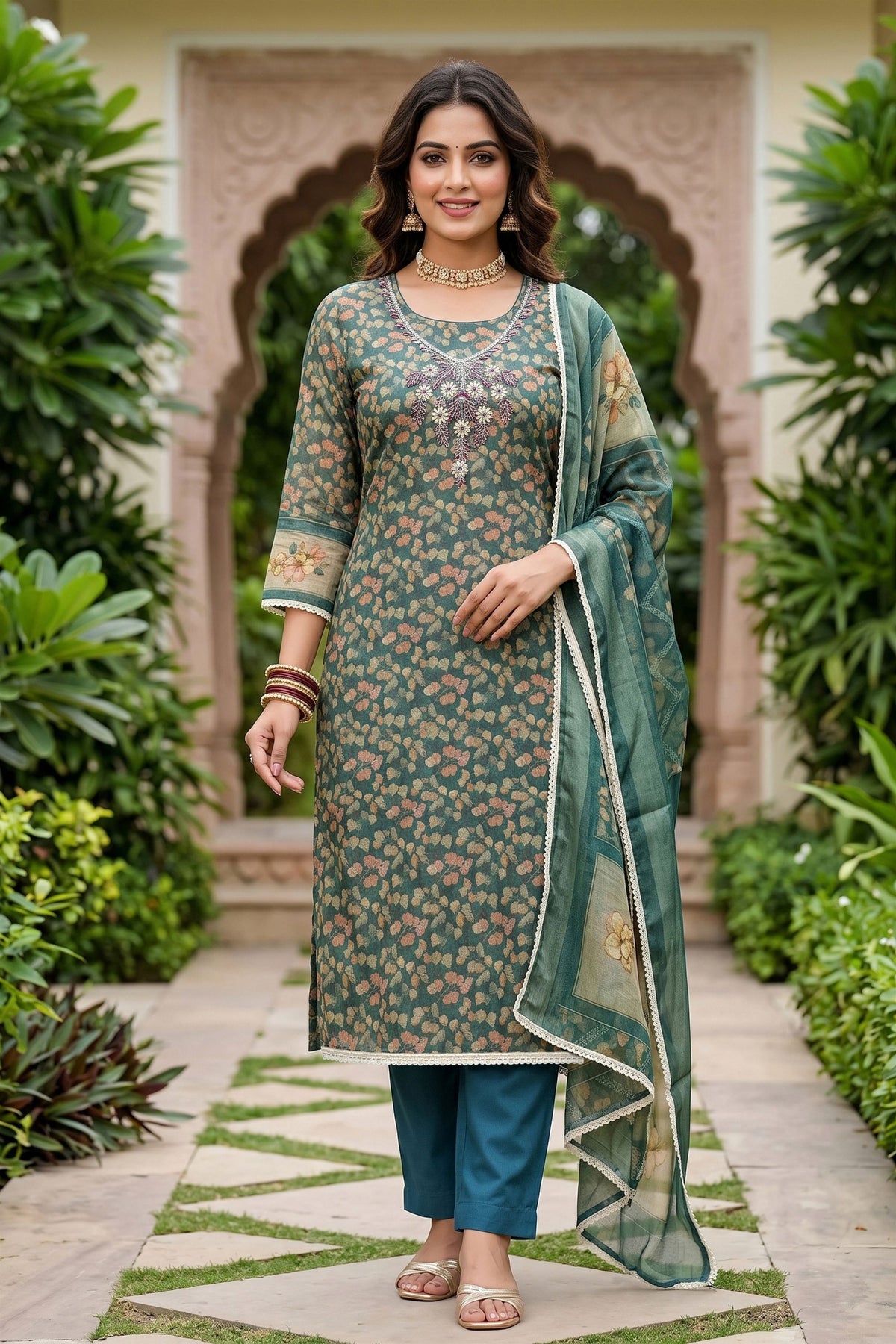 Graceful Teal Green Shimmer Linen Printed Salwar Suit with Hand Work and Dupatta