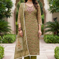 Vibrant Olive Green Shimmer Linen Printed Salwar Suit with Hand Work and Dupatta