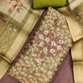 Vibrant Olive Green Shimmer Linen Printed Salwar Suit with Hand Work and Dupatta