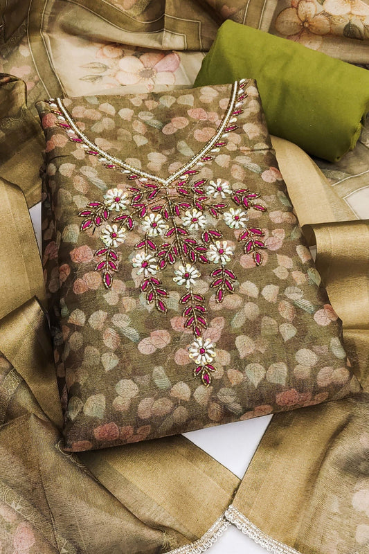 Vibrant Olive Green Shimmer Linen Printed Salwar Suit with Hand Work and Dupatta