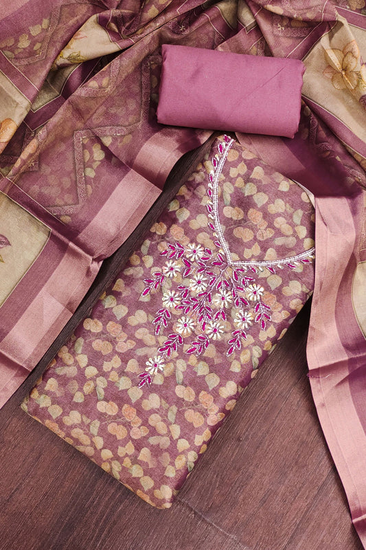 Lovely Mauve Shimmer Linen Printed Salwar Suit with Hand Work and Dupatta