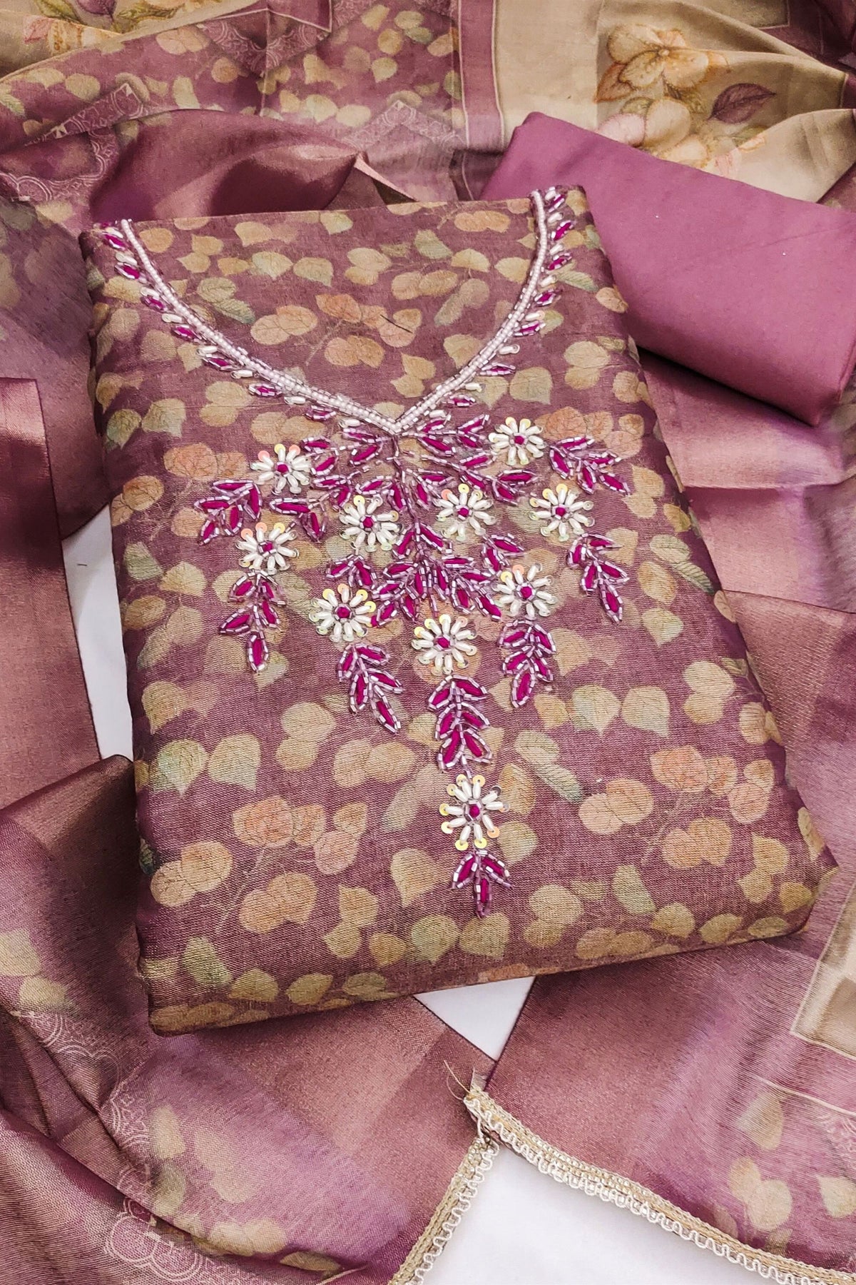 Lovely Mauve Shimmer Linen Printed Salwar Suit with Hand Work and Dupatta