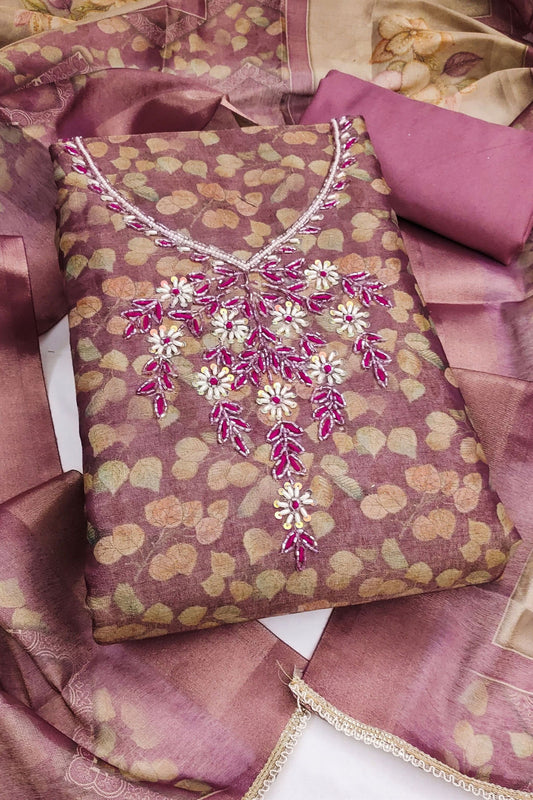 Lovely Mauve Shimmer Linen Printed Salwar Suit with Hand Work and Dupatta