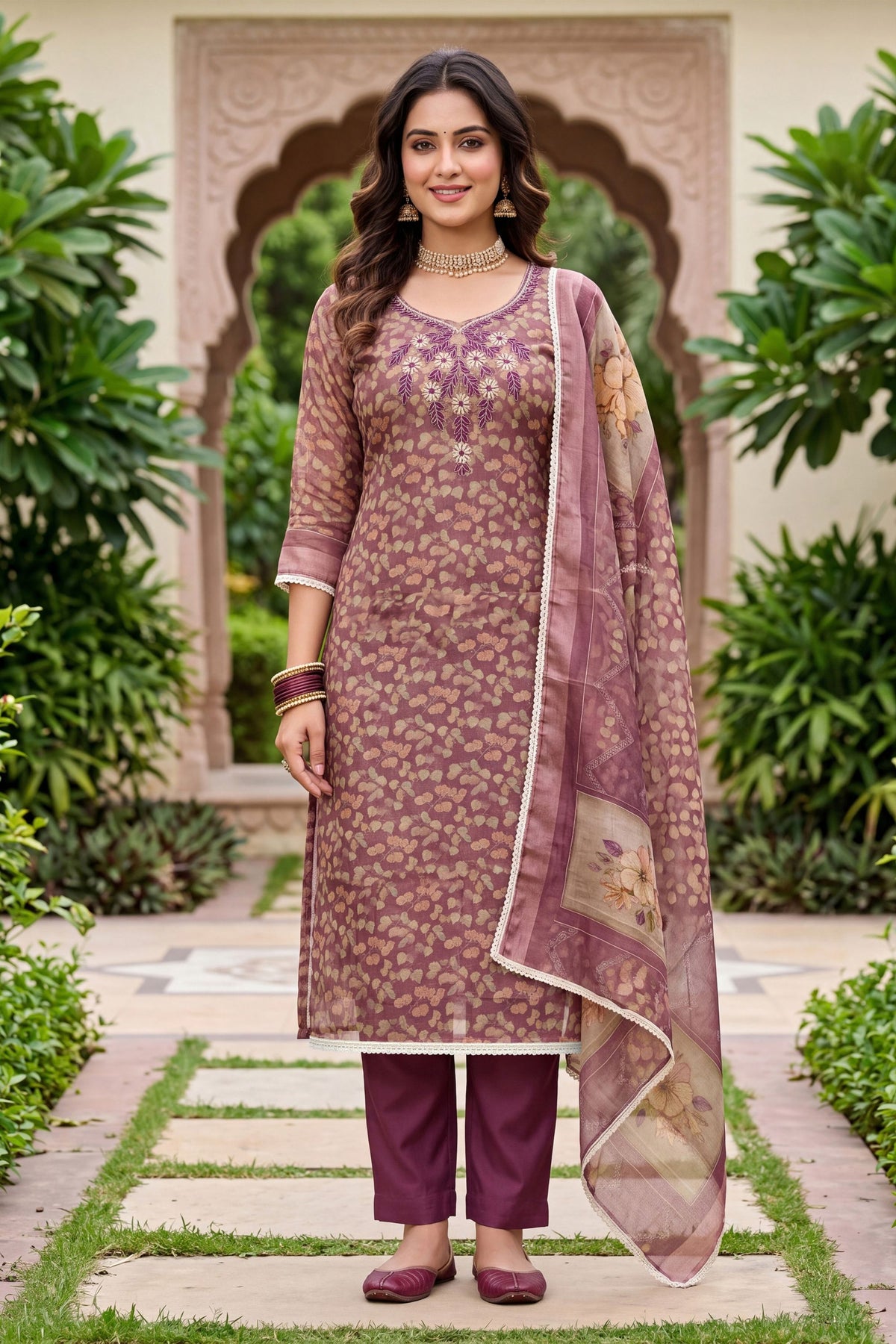 Lovely Mauve Shimmer Linen Printed Salwar Suit with Hand Work and Dupatta