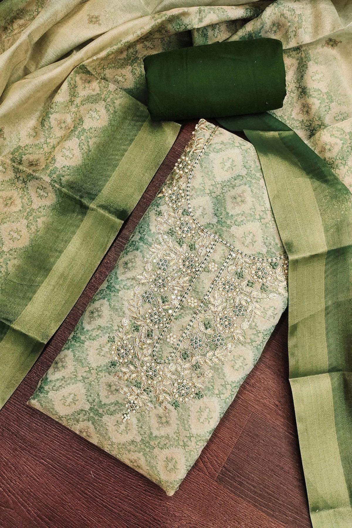 Premium Sea Green Shimmer Linen Printed Salwar Suit with Hand Work and Dupatta