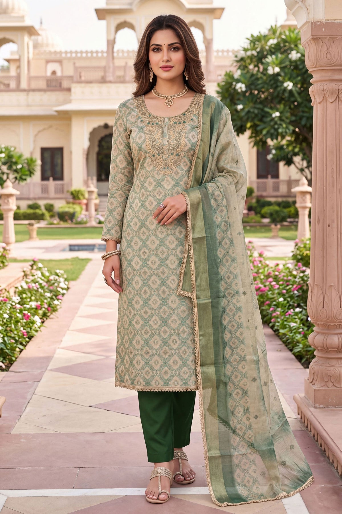 Premium Sea Green Shimmer Linen Printed Salwar Suit with Hand Work and Dupatta