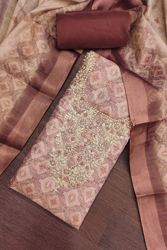 Beautiful Pink Shimmer Linen Printed Salwar Suit with Hand Work and Dupatta