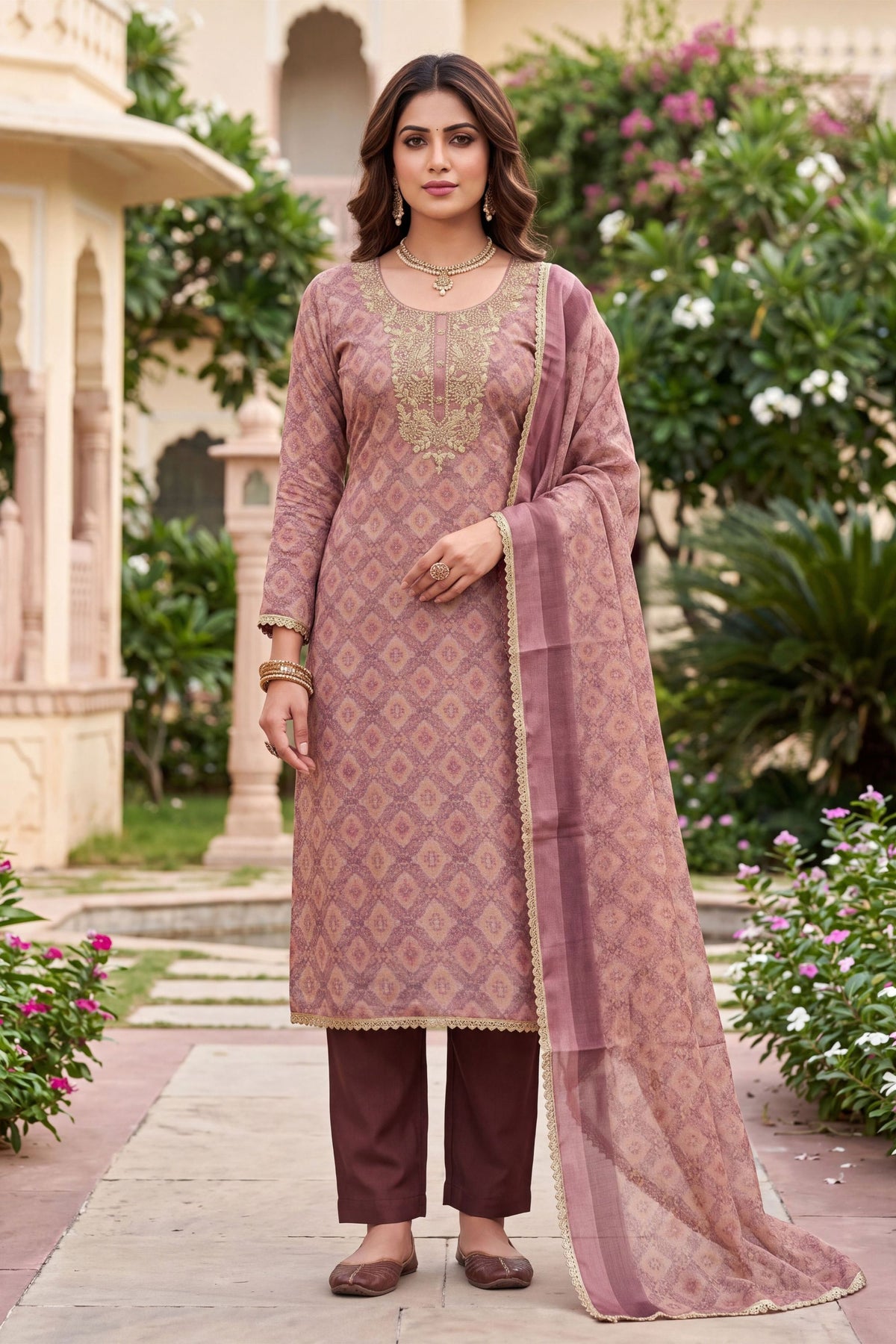Beautiful Pink Shimmer Linen Printed Salwar Suit with Hand Work and Dupatta
