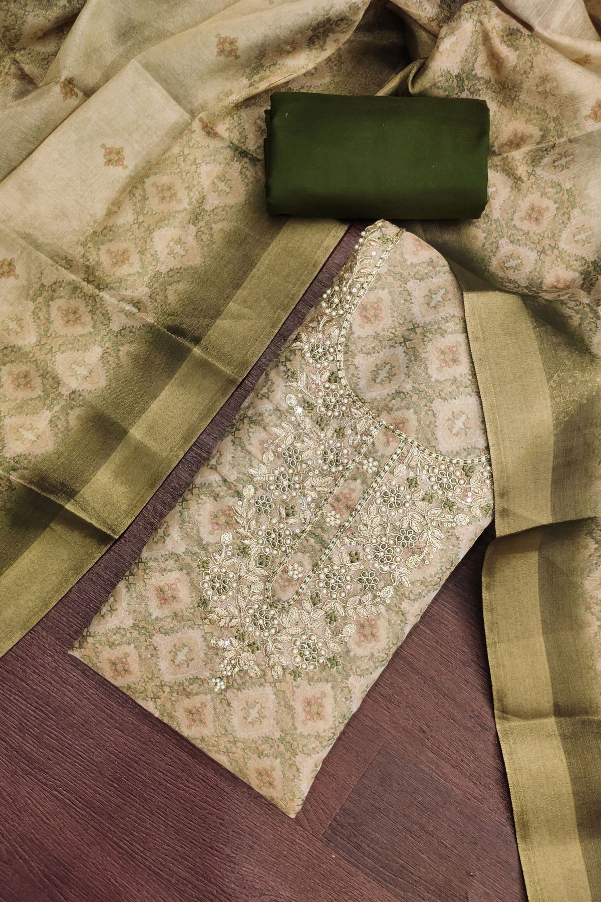 Amazing Beige Shimmer Linen Printed Salwar Suit with Hand Work and Dupatta