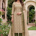 Amazing Beige Shimmer Linen Printed Salwar Suit with Hand Work and Dupatta