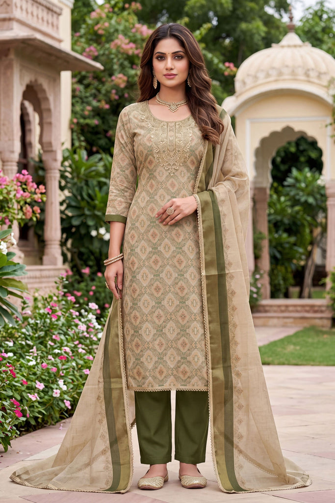 Amazing Beige Shimmer Linen Printed Salwar Suit with Hand Work and Dupatta