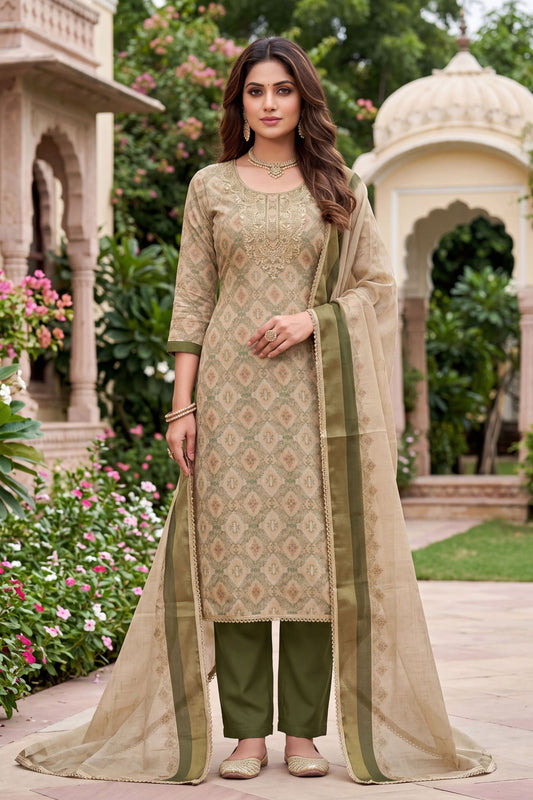 Amazing Beige Shimmer Linen Printed Salwar Suit with Hand Work and Dupatta
