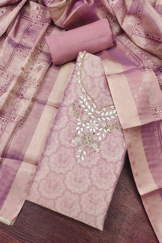 Adorable Pink Shimmer Linen Printed Salwar Suit with Hand Work and Dupatta
