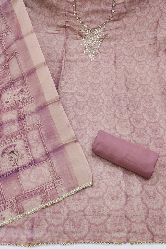 Adorable Pink Shimmer Linen Printed Salwar Suit with Hand Work and Dupatta