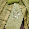 Luxury Pista Green Shimmer Linen Printed Salwar Suit with Hand Work and Dupatta