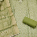 Luxury Pista Green Shimmer Linen Printed Salwar Suit with Hand Work and Dupatta
