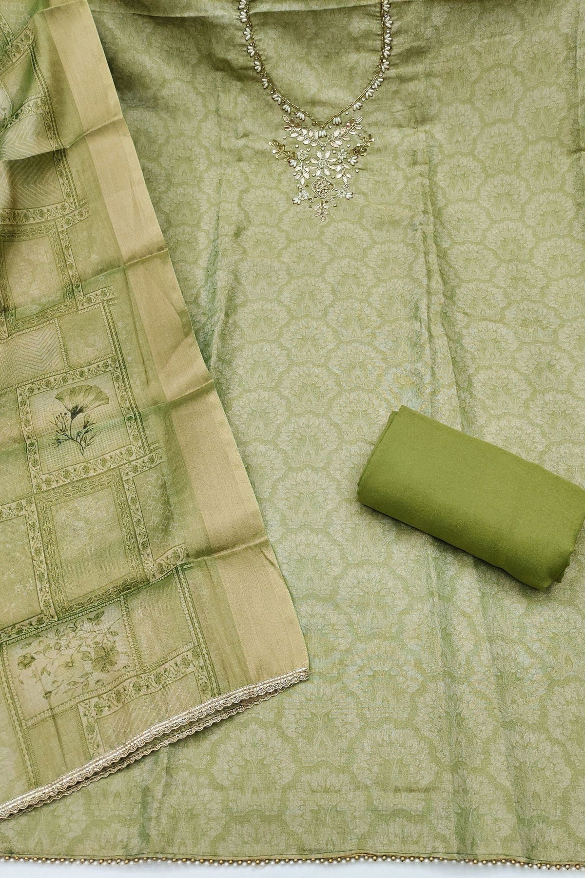 Luxury Pista Green Shimmer Linen Printed Salwar Suit with Hand Work and Dupatta