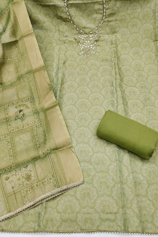 Luxury Pista Green Shimmer Linen Printed Salwar Suit with Hand Work and Dupatta