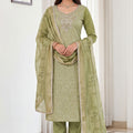 Luxury Pista Green Shimmer Linen Printed Salwar Suit with Hand Work and Dupatta